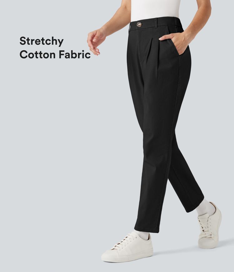 Pantalon coton coupe ajustée taille haute avec poches