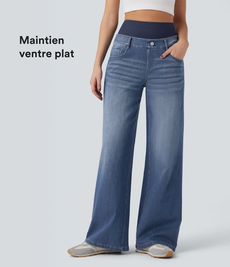 Jean large délavé Halara Flex™ taille haute gainant avec poches