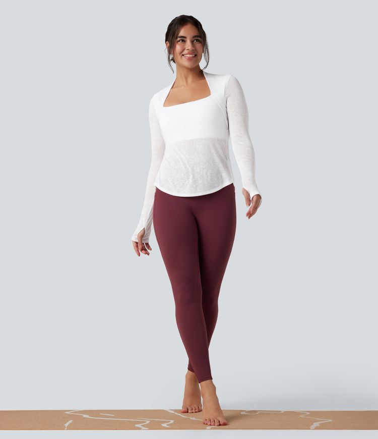 Crisscross Backless Long Sleeve Thumb Holes High Low Molded Cups 2-in-1 Yoga Sports Top