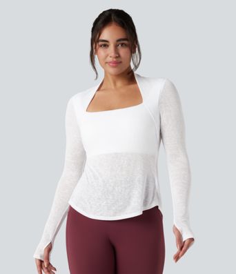 Crisscross Backless Long Sleeve Thumb Holes High Low Molded Cups 2-in-1 Yoga Sports Top