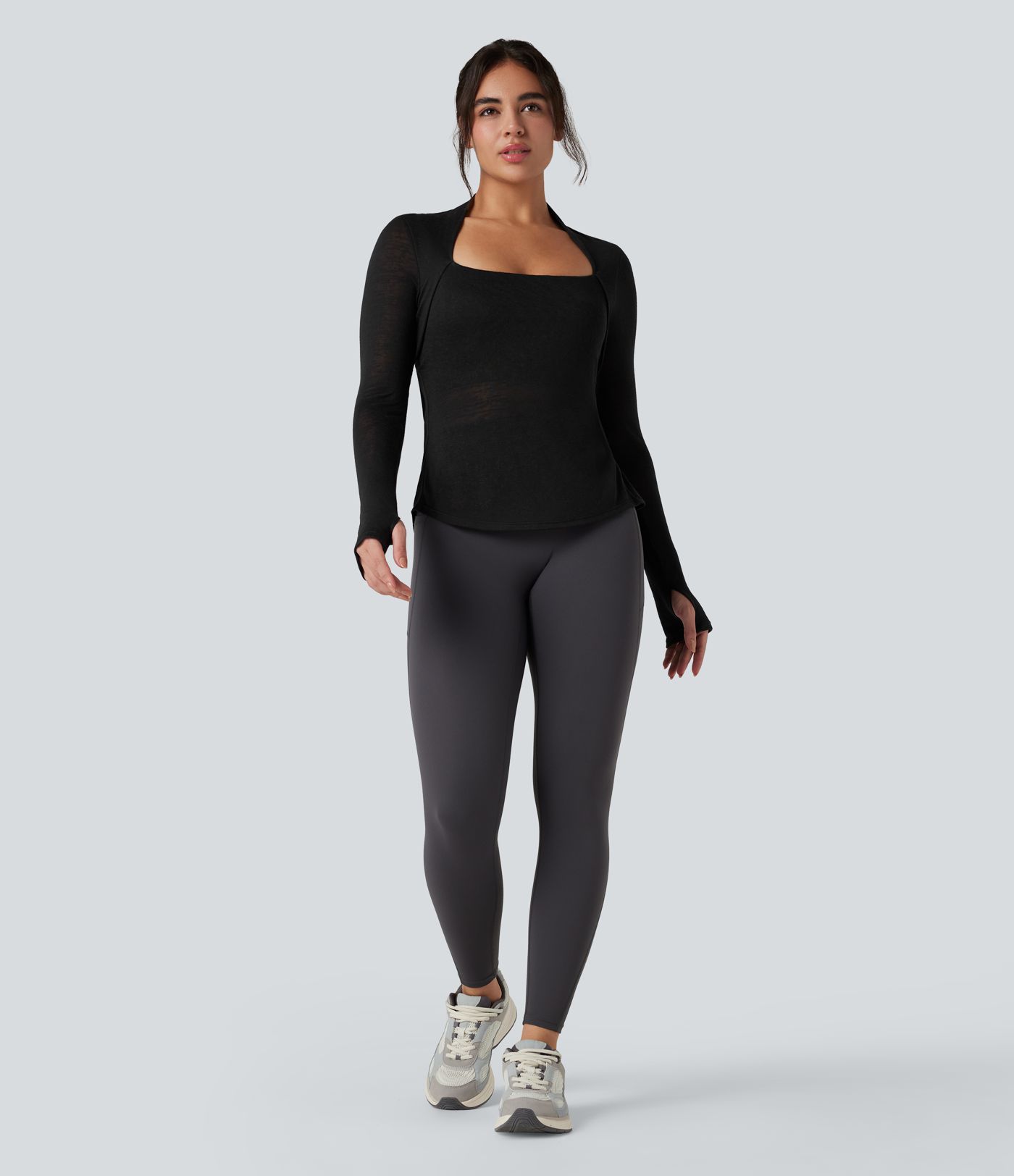 Crisscross Backless Long Sleeve Thumb Holes High Low Molded Cups 2-in-1 Yoga Sports Top