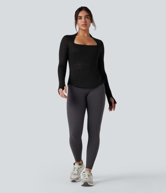 Crisscross Backless Long Sleeve Thumb Holes High Low Molded Cups 2-in-1 Yoga Sports Top