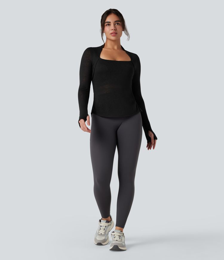 Crisscross Backless Long Sleeve Thumb Holes High Low Molded Cups 2-in-1 Yoga Sports Top