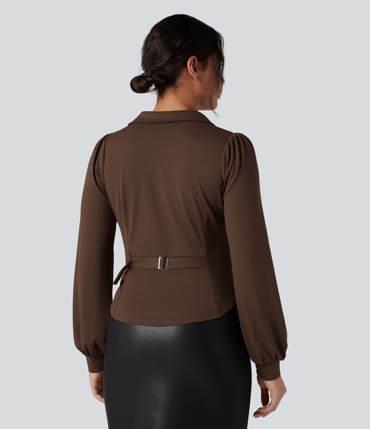 Gerafftes Arbeitshemd mit V-Ausschnitt und langen Ärmeln