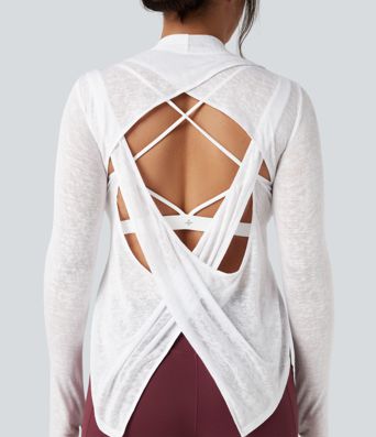 Crisscross Backless Long Sleeve Thumb Holes High Low Molded Cups 2-in-1 Yoga Sports Top