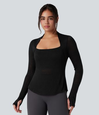 Crisscross Backless Long Sleeve Thumb Holes High Low Molded Cups 2-in-1 Yoga Sports Top