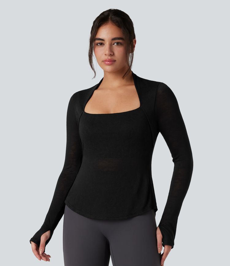 Crisscross Backless Long Sleeve Thumb Holes High Low Molded Cups 2-in-1 Yoga Sports Top