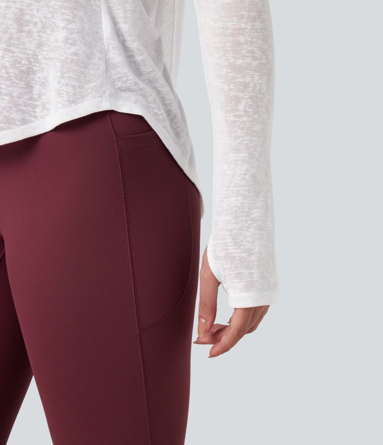 Crisscross Backless Long Sleeve Thumb Holes High Low Molded Cups 2-in-1 Yoga Sports Top