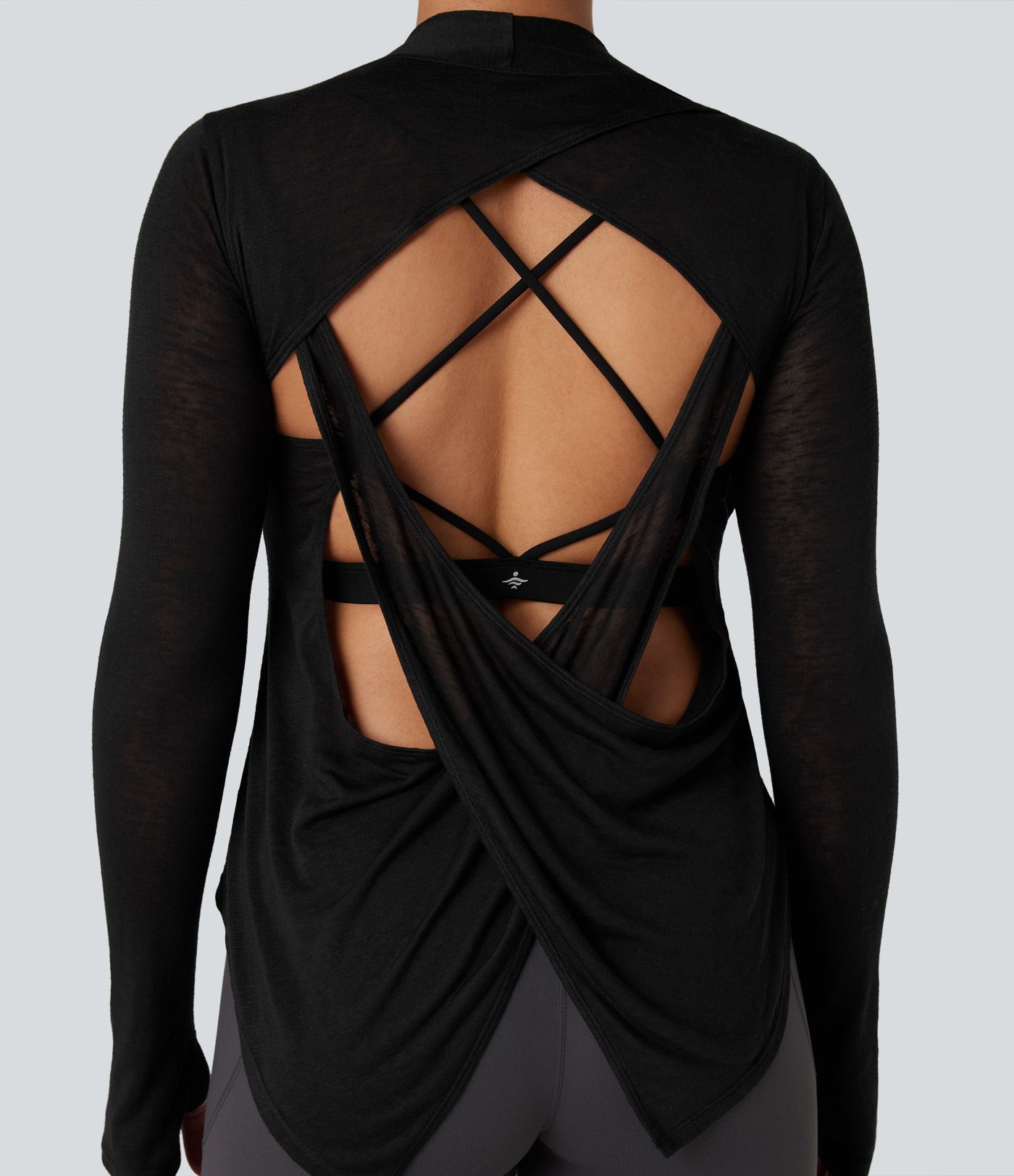 Crisscross Backless Long Sleeve Thumb Holes High Low Molded Cups 2-in-1 Yoga Sports Top