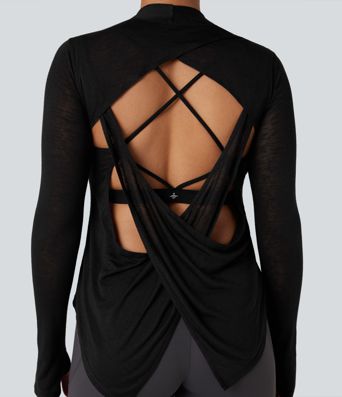 Crisscross Backless Long Sleeve Thumb Holes High Low Molded Cups 2-in-1 Yoga Sports Top