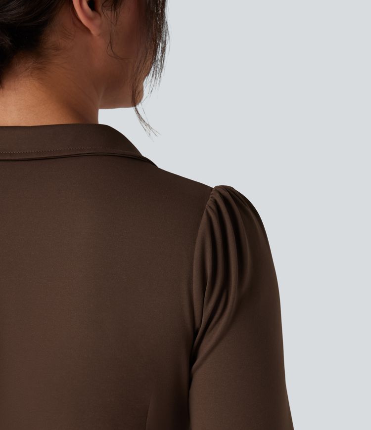 Gerafftes Arbeitshemd mit V-Ausschnitt und langen Ärmeln