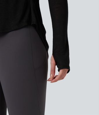 Crisscross Backless Long Sleeve Thumb Holes High Low Molded Cups 2-in-1 Yoga Sports Top