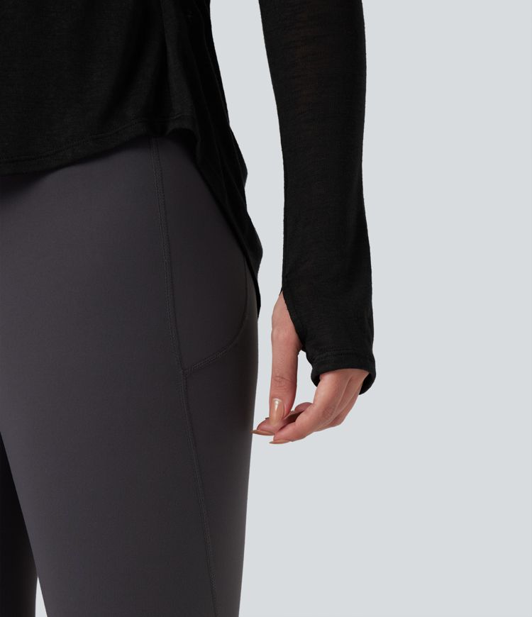 Crisscross Backless Long Sleeve Thumb Holes High Low Molded Cups 2-in-1 Yoga Sports Top