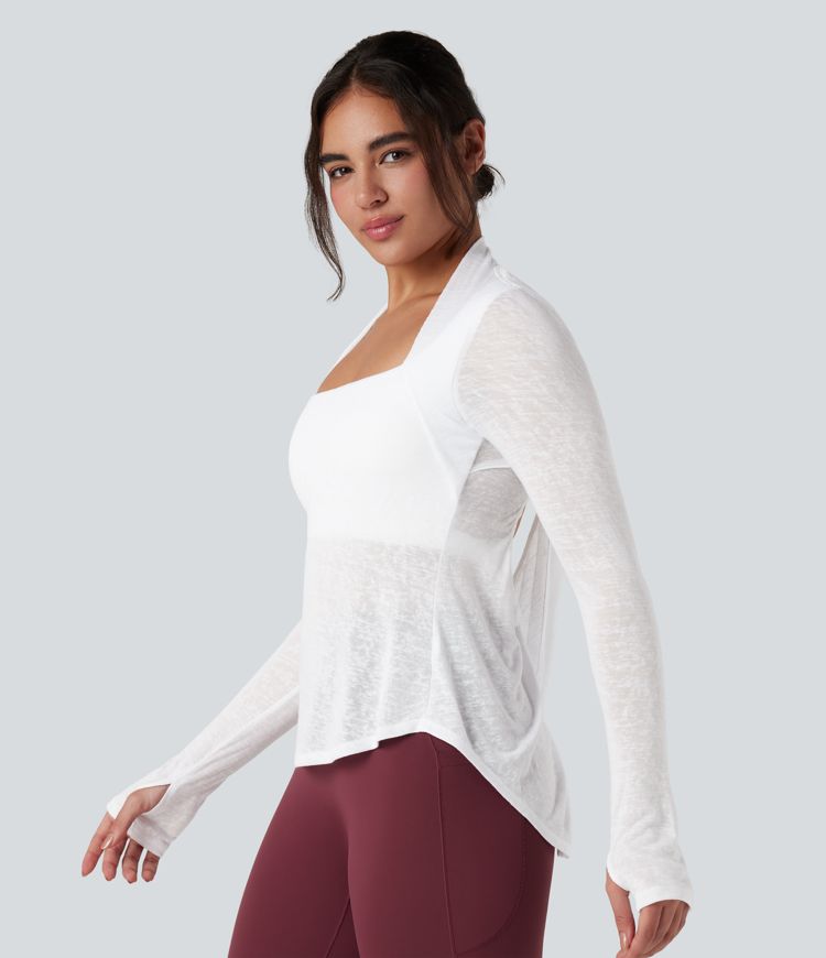 Crisscross Backless Long Sleeve Thumb Holes High Low Molded Cups 2-in-1 Yoga Sports Top