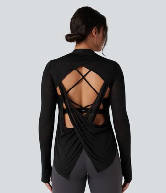 Crisscross Backless Long Sleeve Thumb Holes High Low Molded Cups 2-in-1 Yoga Sports Top