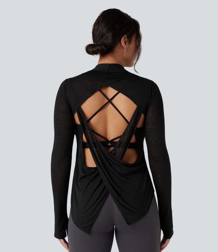Crisscross Backless Long Sleeve Thumb Holes High Low Molded Cups 2-in-1 Yoga Sports Top