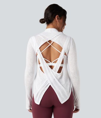 Crisscross Backless Long Sleeve Thumb Holes High Low Molded Cups 2-in-1 Yoga Sports Top
