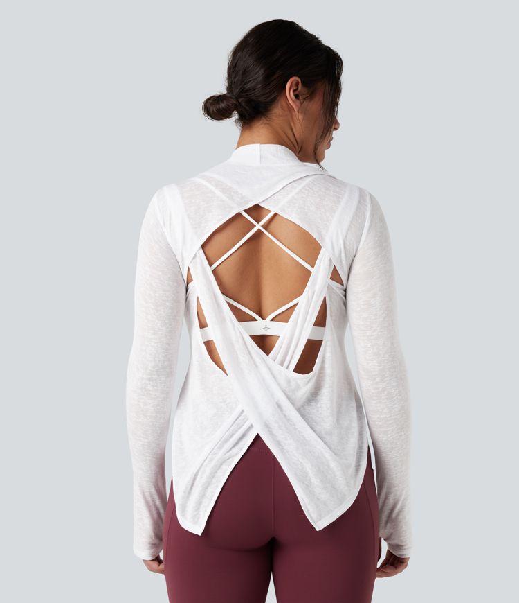 Crisscross Backless Long Sleeve Thumb Holes High Low Molded Cups 2-in-1 Yoga Sports Top