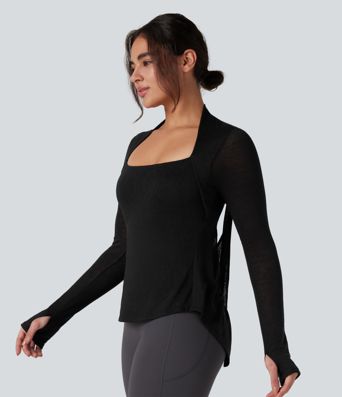 Crisscross Backless Long Sleeve Thumb Holes High Low Molded Cups 2-in-1 Yoga Sports Top
