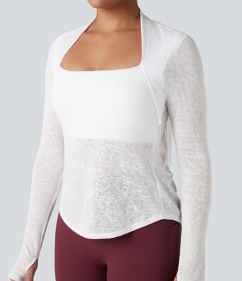 Crisscross Backless Long Sleeve Thumb Holes High Low Molded Cups 2-in-1 Yoga Sports Top