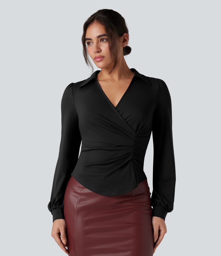 V Neck Long Sleeve Ruched Work Shirt