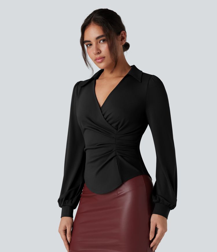 V Neck Long Sleeve Ruched Work Shirt