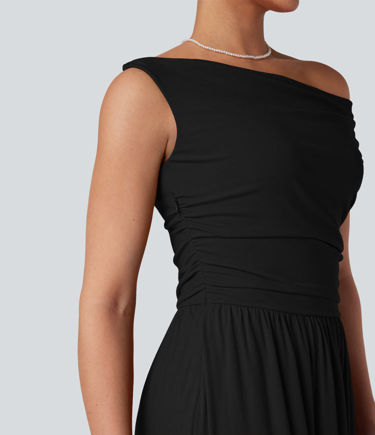 One-shoulder Sleeveless Ruched Maxi Bridesmaid And Wedding Guest Dress