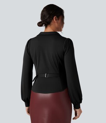 V Neck Long Sleeve Ruched Work Shirt