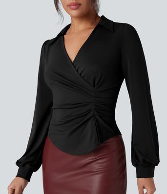 V Neck Long Sleeve Ruched Work Shirt