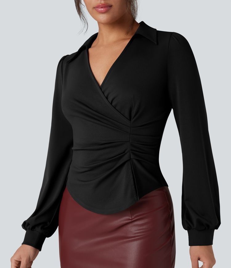 V Neck Long Sleeve Ruched Work Shirt