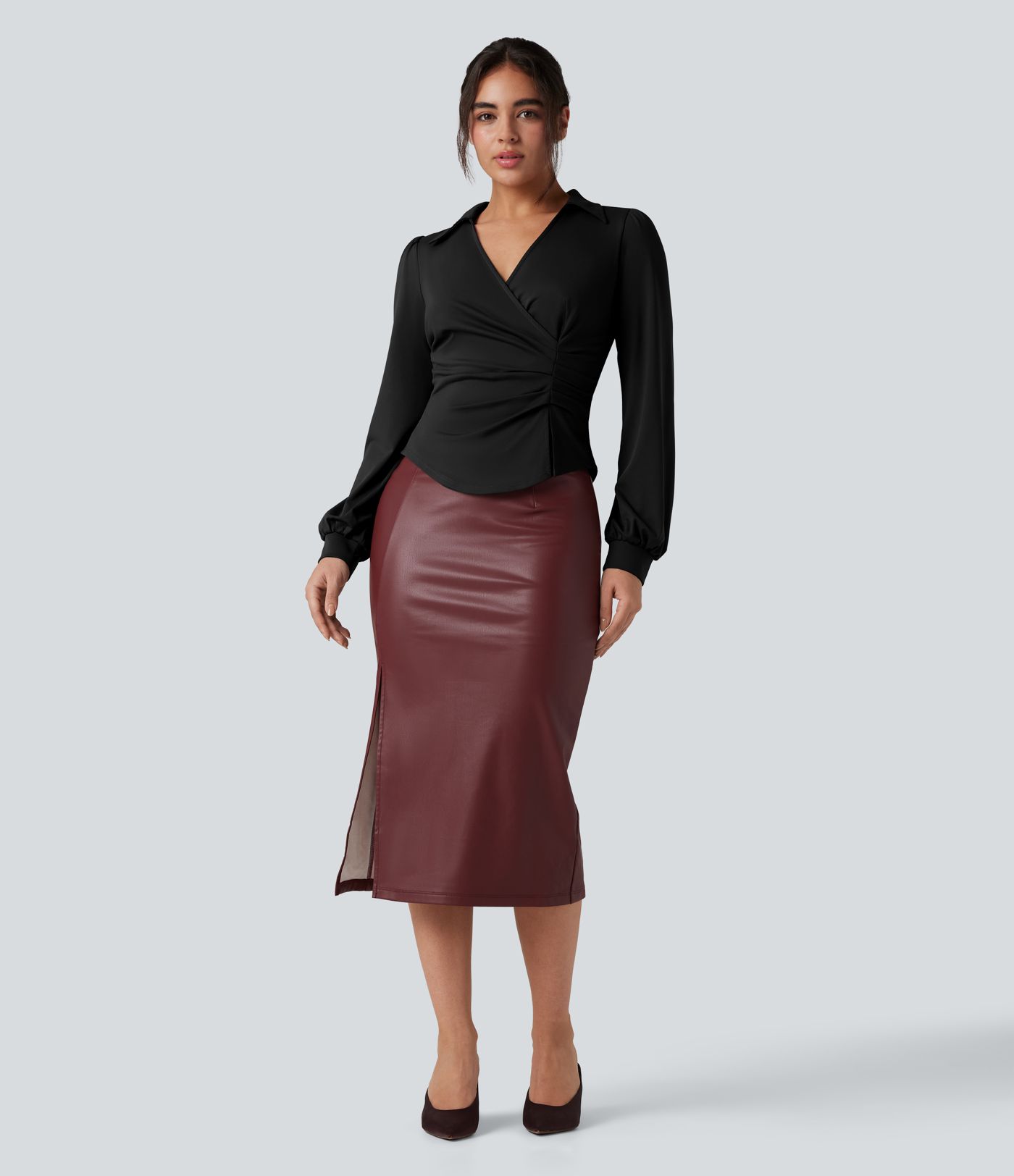 V Neck Long Sleeve Ruched Work Shirt