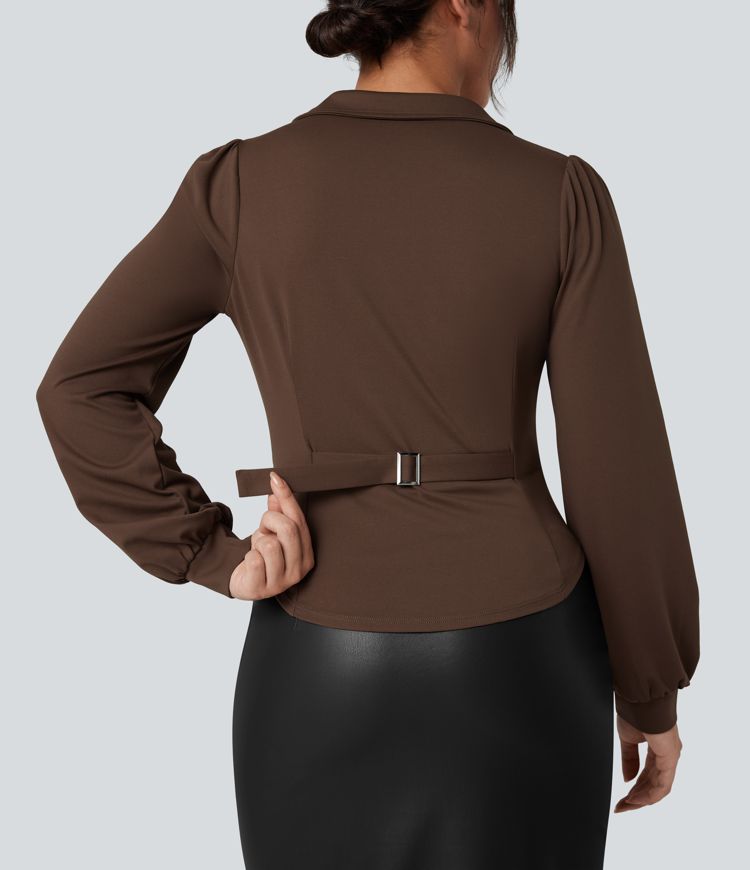 Gerafftes Arbeitshemd mit V-Ausschnitt und langen Ärmeln