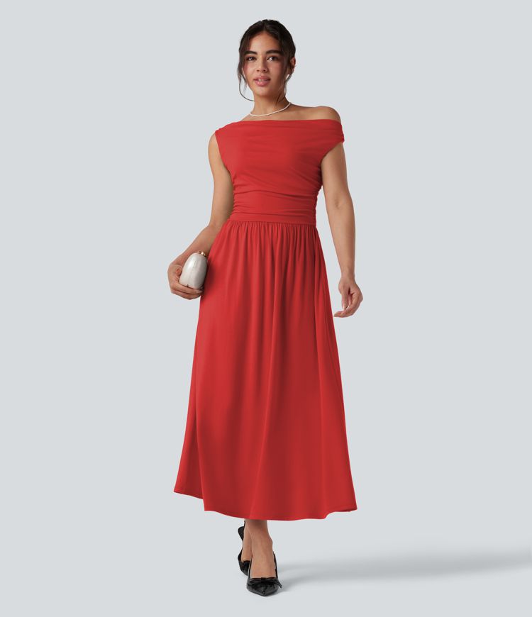 Gerafftes, ärmelloses Maxikleid mit One-Shoulder-Design für Brautjungfern und Hochzeitsgäste