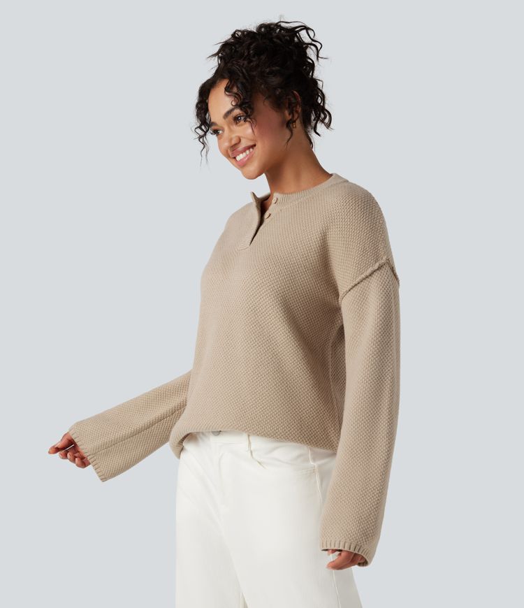 Henley Neck Long Sleeve Waffle Casual Sweater