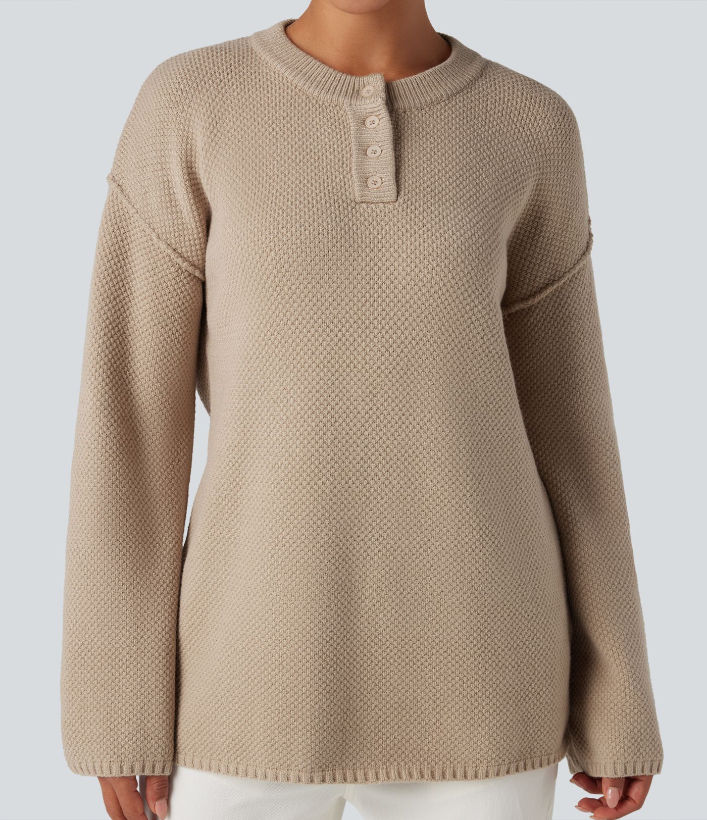 Henley Neck Long Sleeve Waffle Casual Sweater