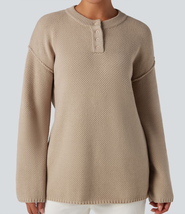 Henley Neck Long Sleeve Waffle Casual Sweater