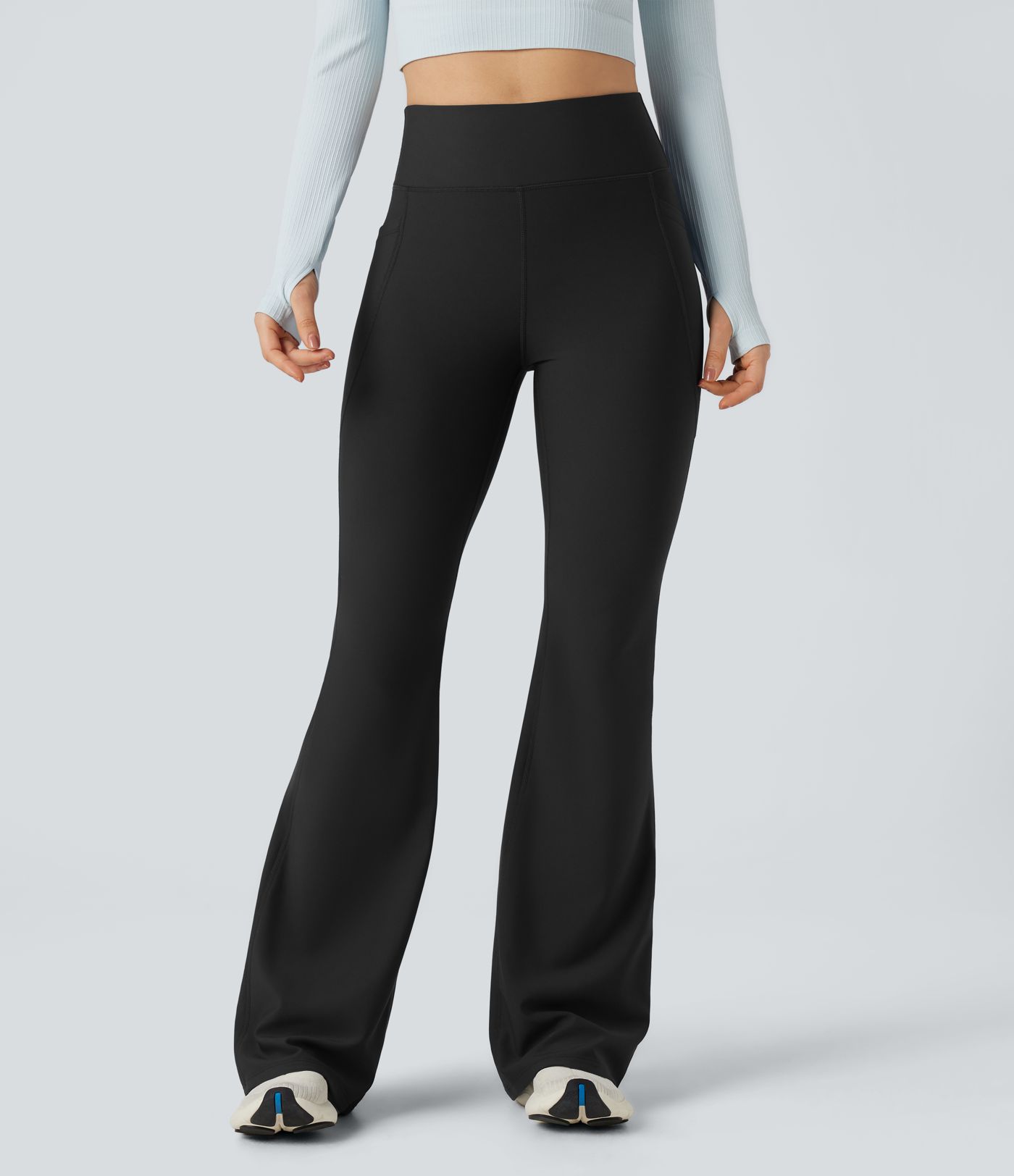 High Waisted Scrunch Fleece Yoga Flare Leggings with Pockets