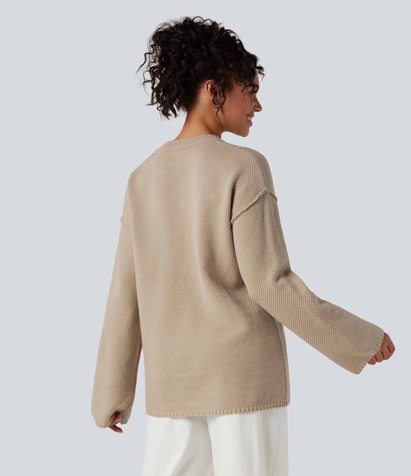 Henley Neck Long Sleeve Waffle Casual Sweater