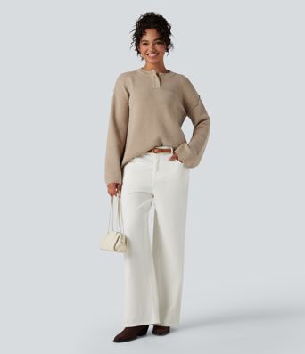 Henley Neck Long Sleeve Waffle Casual Sweater