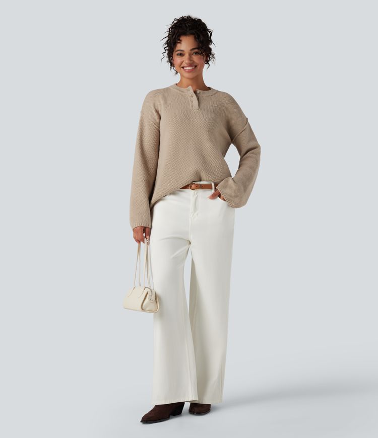 Henley Neck Long Sleeve Waffle Casual Sweater