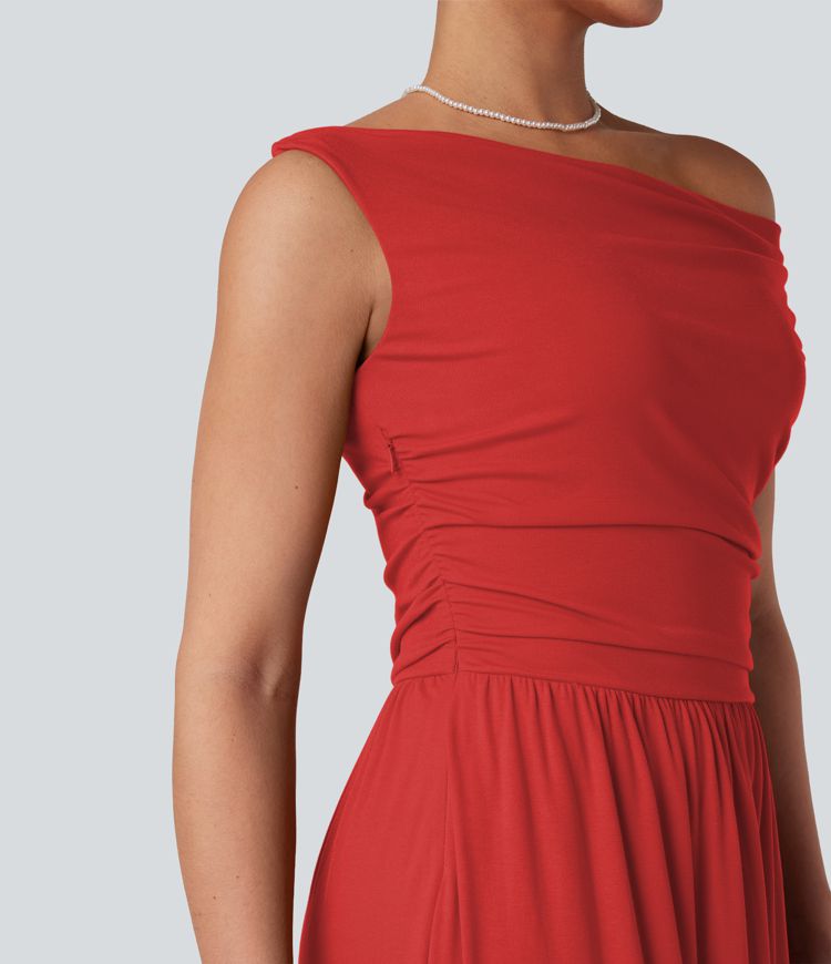 Gerafftes, ärmelloses Maxikleid mit One-Shoulder-Design für Brautjungfern und Hochzeitsgäste