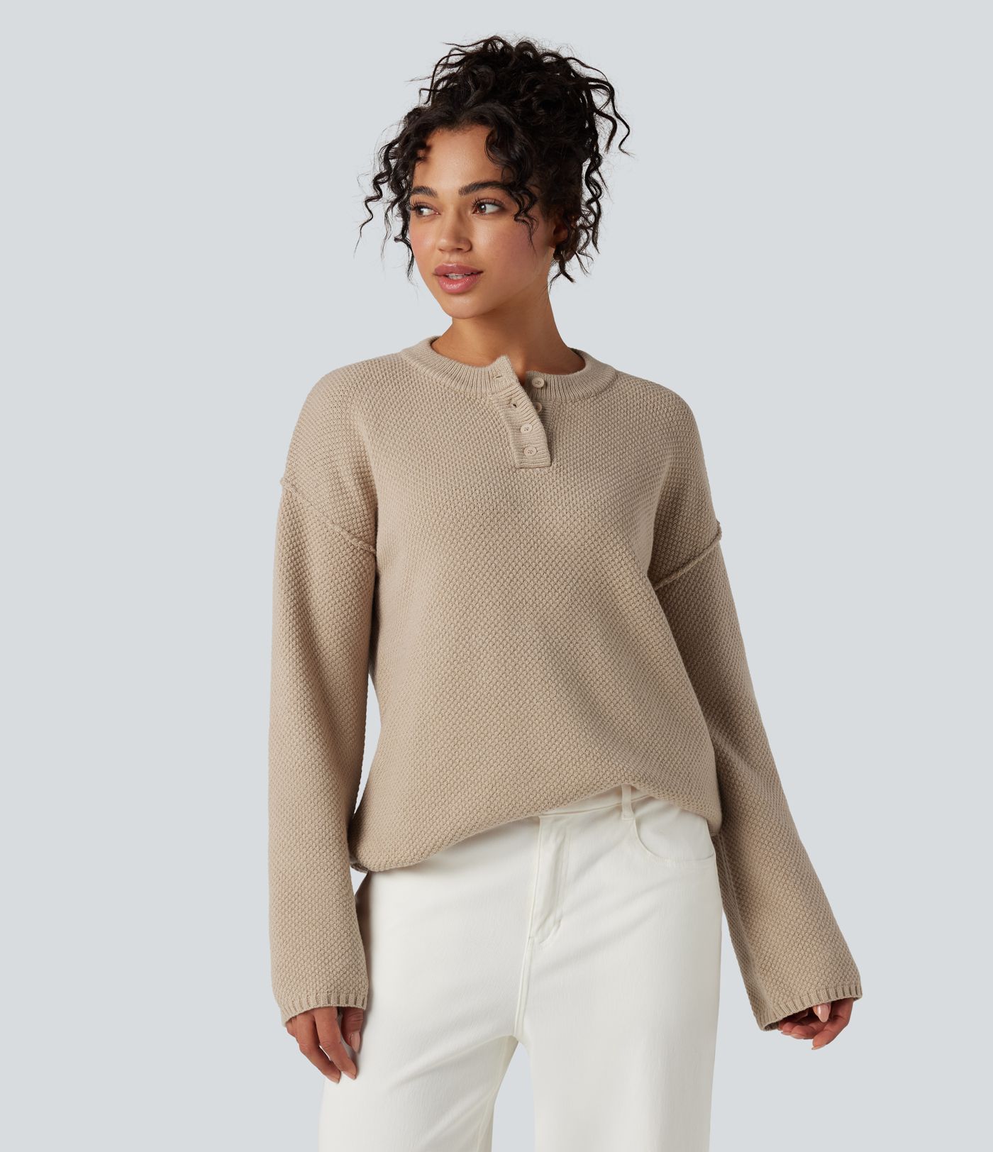 Henley Neck Long Sleeve Waffle Casual Sweater
