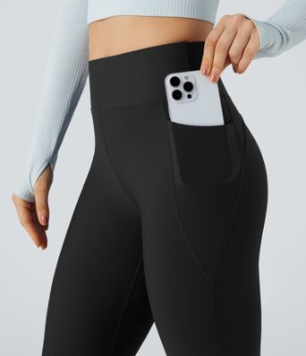 High Waisted Scrunch Fleece Yoga Flare Leggings with Pockets