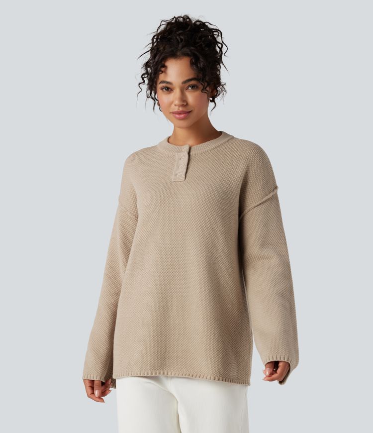 Henley Neck Long Sleeve Waffle Casual Sweater
