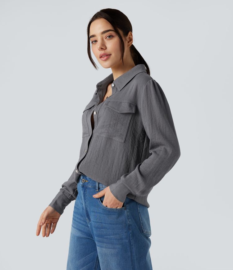 Collar Long Sleeve Casual Cargo Shirt with Pockets