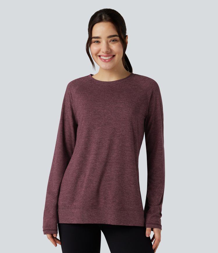 T-shirt doux col rond ourlet fendu manches raglan longues