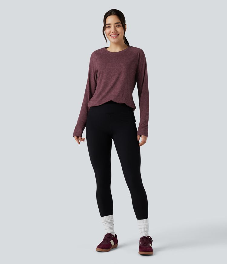 T-shirt doux col rond ourlet fendu manches raglan longues