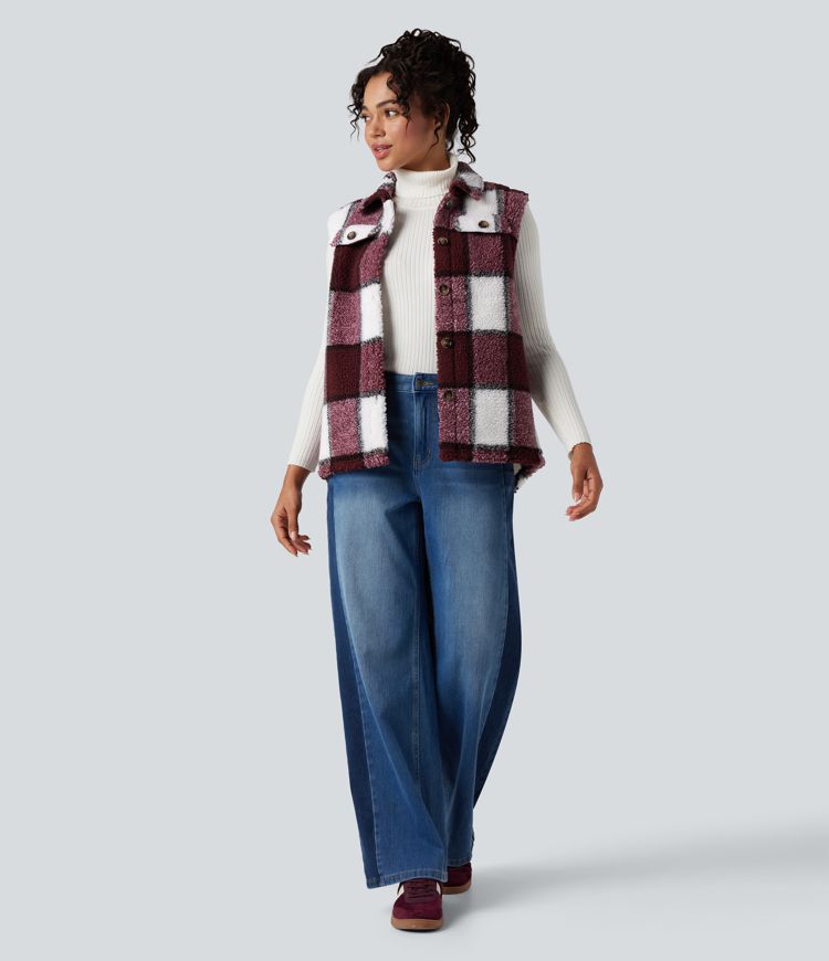 Curved Hem Casual Plaid Sherpa Vest