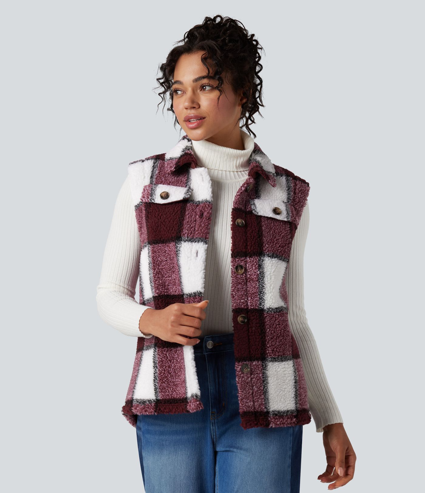 Gilet sherpa à carreaux ourlet arrondi