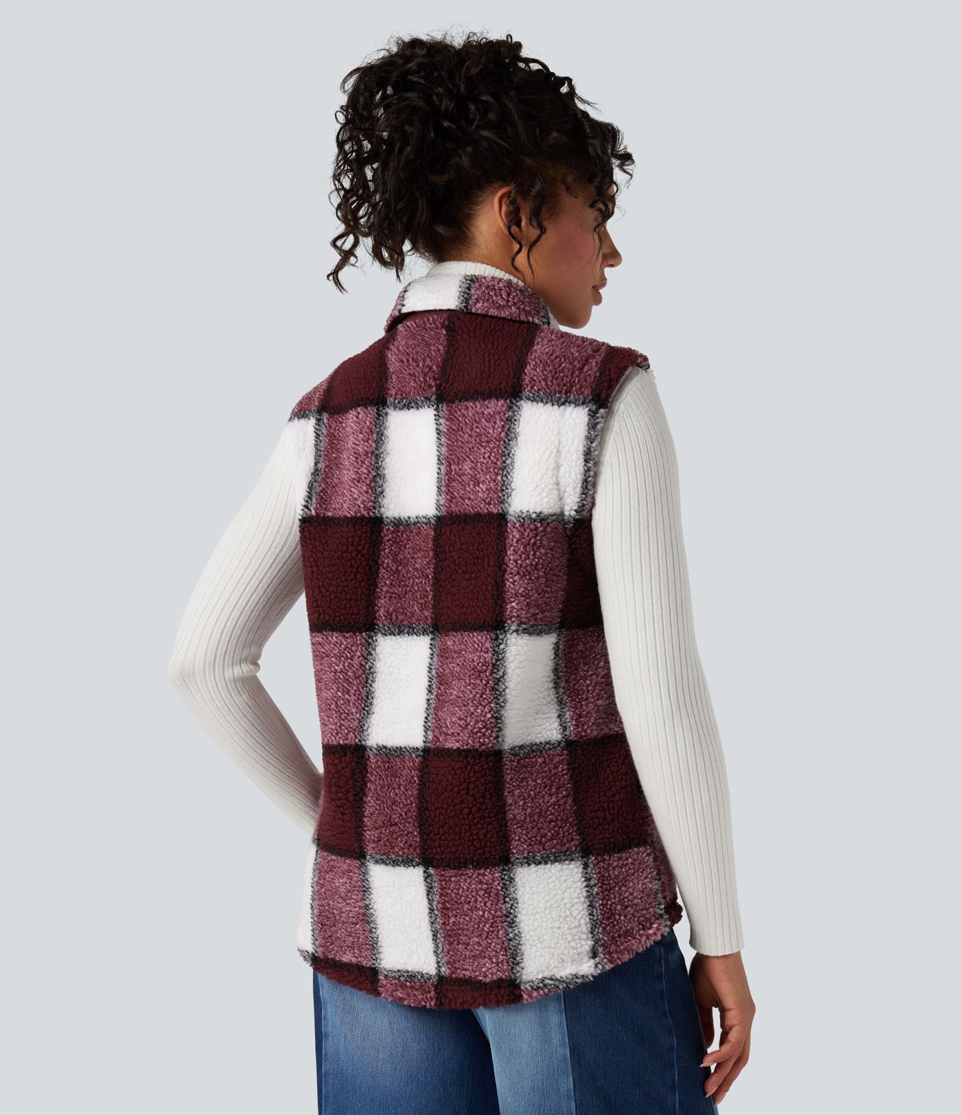 Gilet sherpa à carreaux ourlet arrondi